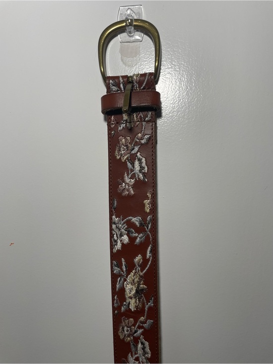 Lucky Brand Accessories - Lucky Brand Brown Leather Belt with Floral Embroidery and Brass Buckle